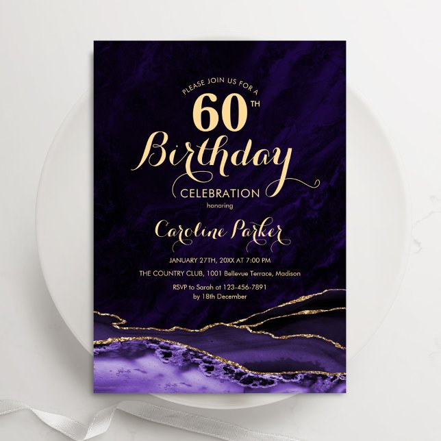 Lila Guld Agate Marble 60 Birthday Inbjudningar (Skapare uppladdad)