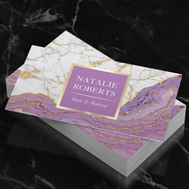 Lila Guld Agate Modern Marble Hair Makeup Artist Visitkort (Skapare uppladdad)