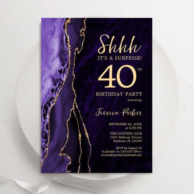 Lila Guld Agate Surprise 40:e födelsedagen Inbjudningar (Skapare uppladdad)