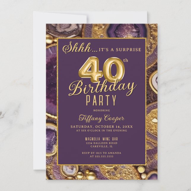 Lila Guld Agate Surprise 40:e födelsedagen Party Inbjudningar (Framsida)