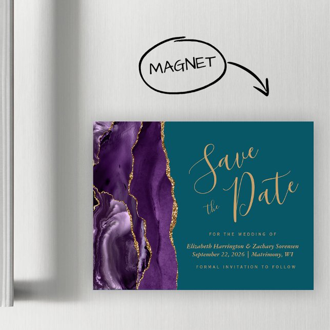 Lila Guld Agate Teal Magnetic Save the Date (Skapare uppladdad)
