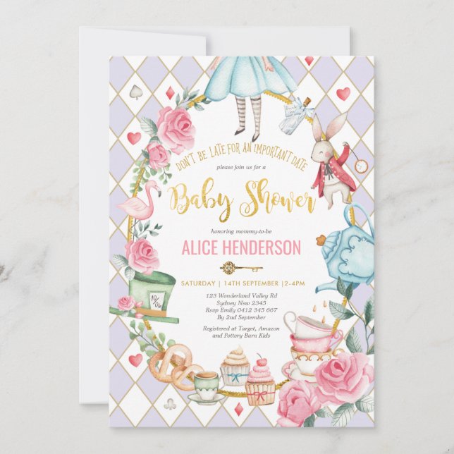 Lila Guld Alice i Wonderland Baby Shower Tea Inbjudningar (Framsida)