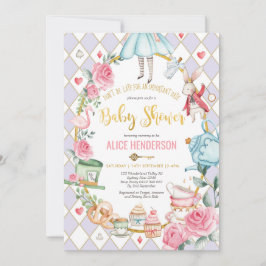 Lila Guld Alice i Wonderland Baby Shower Tea Inbjudningar