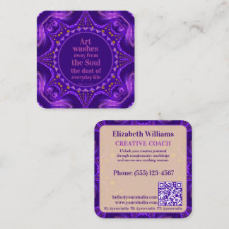 Lila Guld Art Mandala Kreativ Coatch med QR-kod Fyrkantigt Visitkort