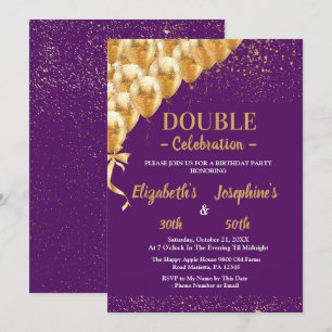 Lila Guld Balloons glitter Dual Birthday Soiree Inbjudningar