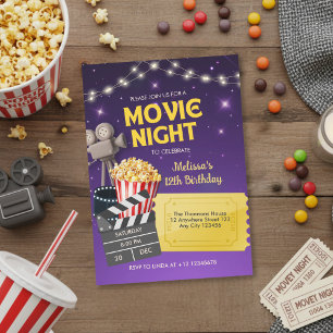 Lila Guld Barn Bakgård Filmnatt Födelsedag Inbjudningar