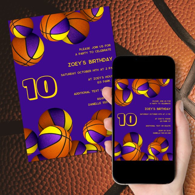 lila guld basketbollar barn sportfödelsedag inbjudningar (front of invite, printed view & downloaded view on phone)