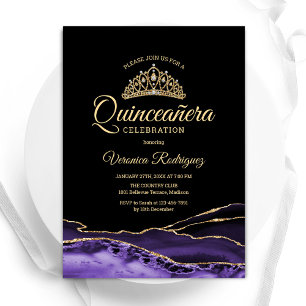 Lila Guld Black Agate Marble Quinceanera Inbjudningar