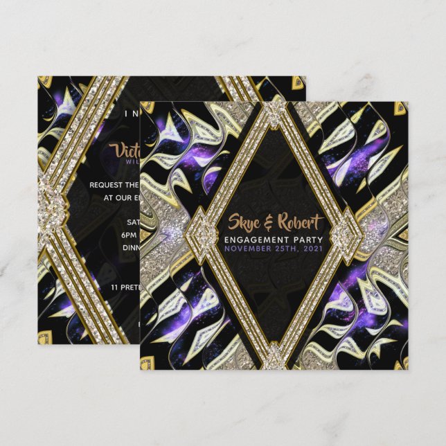 Lila Guld & Black Glamor Förlovningsfest Inbjudningar (Fram/baksida)