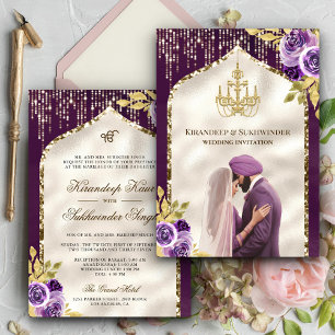 Lila guld blommande Anand Karaj Sikh bröllop Inbjudningar