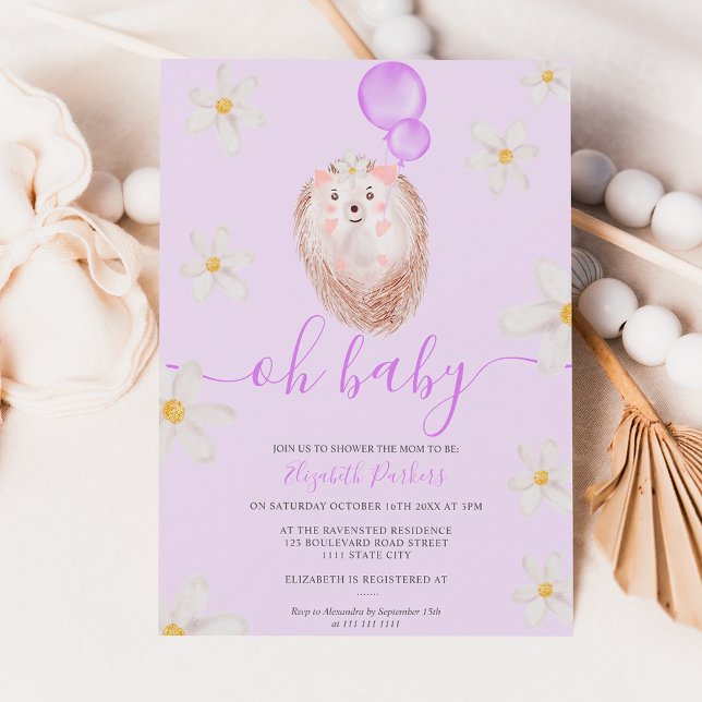 Lila guld-blommans hedgehog vattenfärgsdusch inbjudningar (Skapare uppladdad)