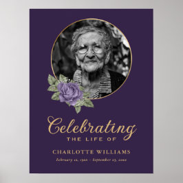 Lila Guld Blommig Begravningsfoto Välkomstskylt Poster