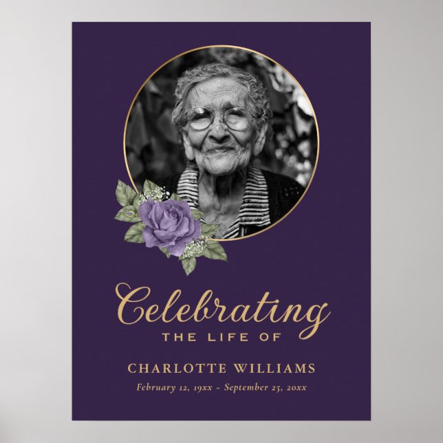 Lila Guld Blommig Begravningsfoto Välkomstskylt Poster (Framsidan)