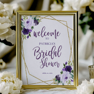 Lila Guld Blommig Bröllopsdusch Välkommen Poster