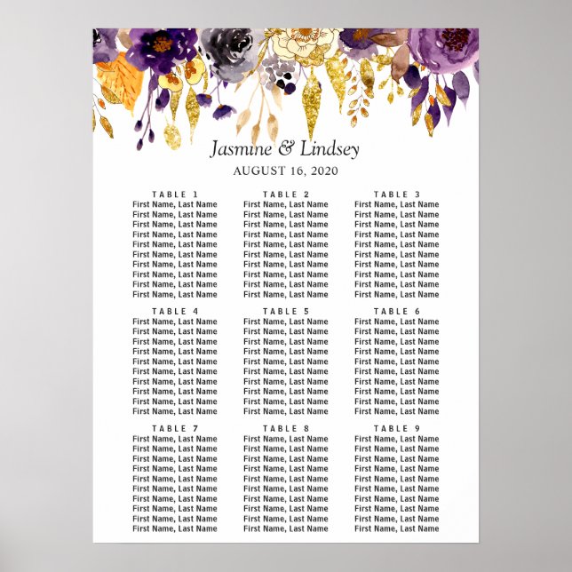 Lila Guld Blommig Bröllopsställningsdiagram Poster (Framsidan)
