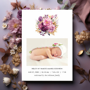 Lila & Guld Blommig Födelseanmälan Fotokort Meddelande
