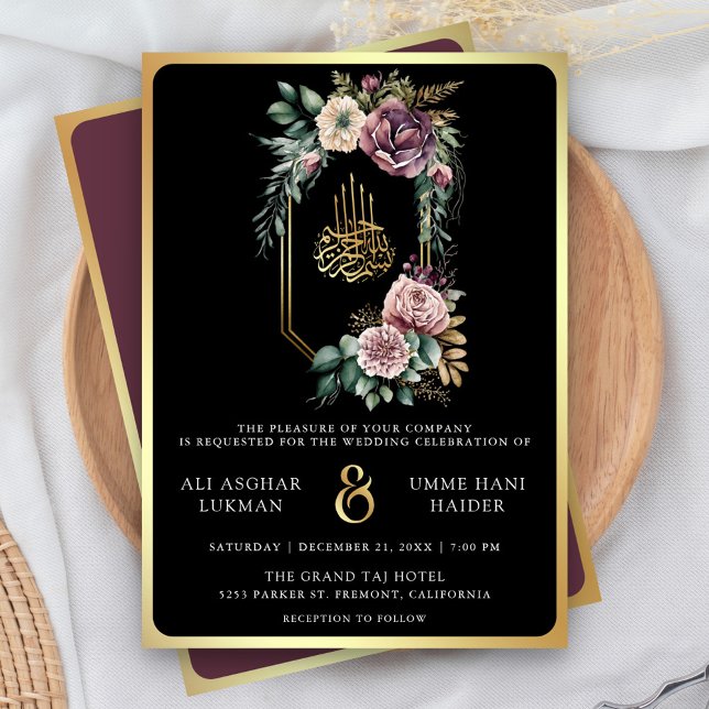 Lila Guld Blommig Kam Black Muslim Bröllop Inbjudningar (Skapare uppladdad)