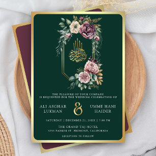 Lila Guld Blommig Kamé Emerald Muslimsk Bröllop Inbjudningar