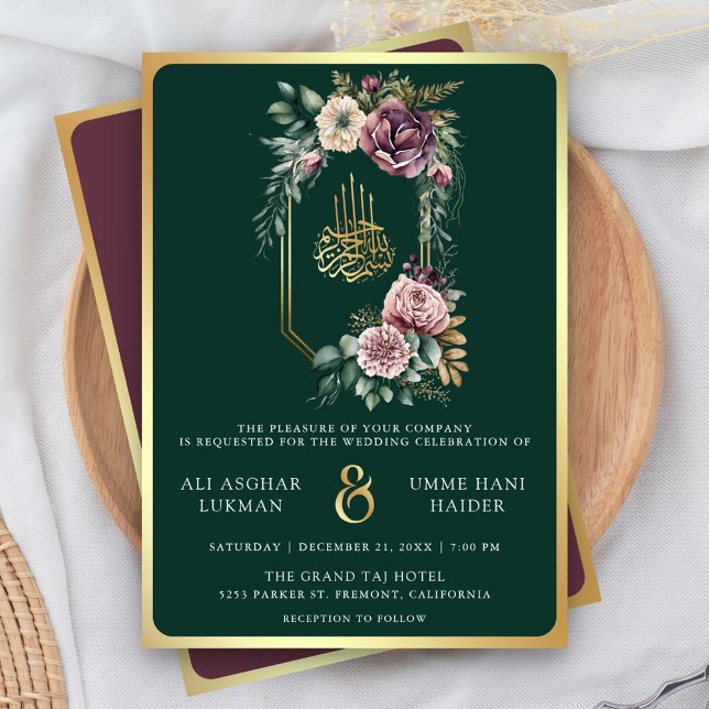 Lila Guld Blommig Kamé Emerald Muslimsk Bröllop Inbjudningar (Skapare uppladdad)