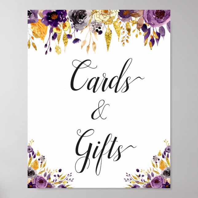 Lila Guld Blommig Kort och Present Skylt (Framsidan)