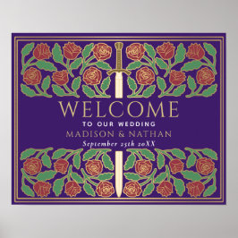 Lila Guld Blommig Kunglig Bröllops Välkomstskylt Poster