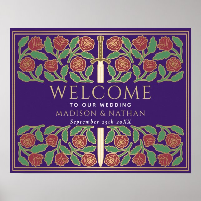 Lila Guld Blommig Kunglig Bröllops Välkomstskylt Poster (Framsidan)