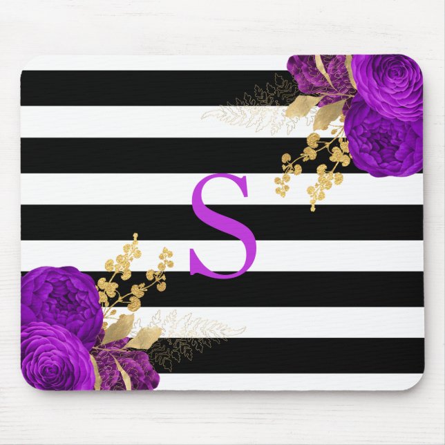 Lila Guld Blommig Monogram Svart Vita Ränder Musmatta (Framsidan)