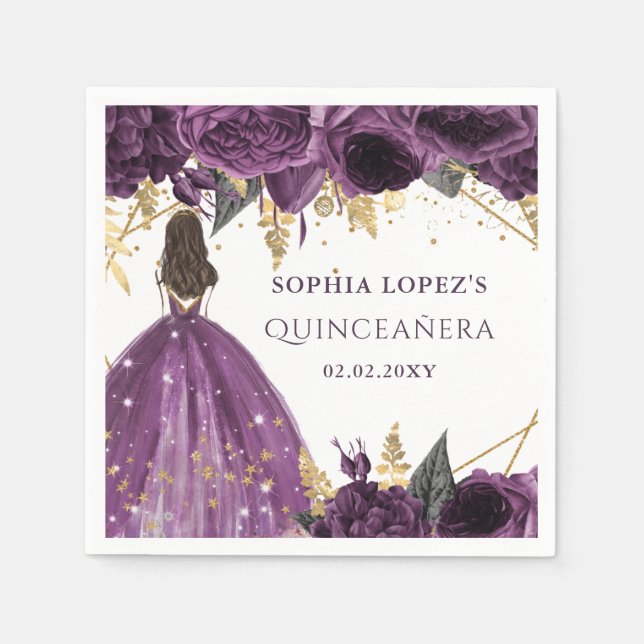 Lila Guld Blommig Prinsessa Quinceanera  Pappersservett (Framsidan)