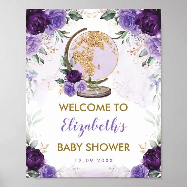 Lila Guld Blommig Resäventyr Bebis Shower Poster (Framsidan)