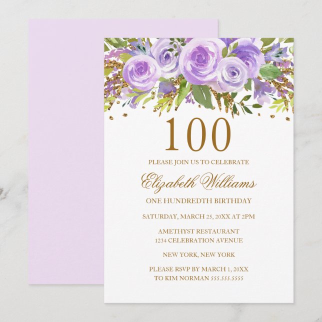 Lila Guld Blommig Ros 100-årsdag Inbjudningar (Fram/baksida)