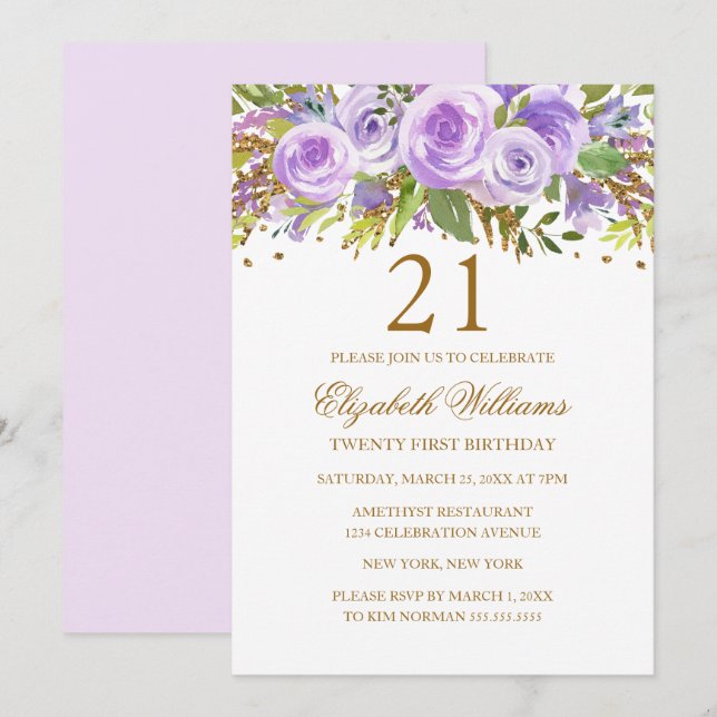 Lila Guld Blommig Ros 21-årsdag Inbjudningar (Fram/baksida)