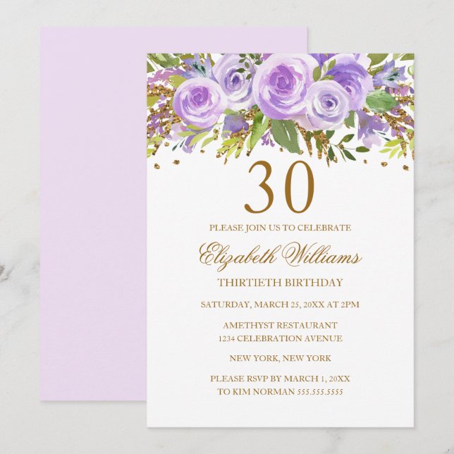Lila Guld Blommig Ros 30-årsdag Inbjudningar (Fram/baksida)