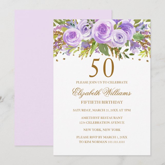 Lila Guld Blommig Ros 50-årsdag Inbjudningar (Fram/baksida)