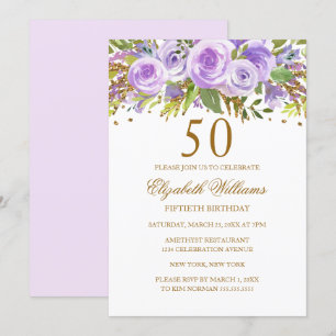 Lila Guld Blommig Ros 50-årsdag Inbjudningar