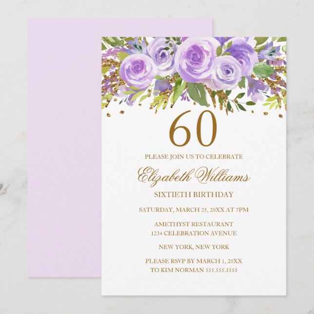 Lila Guld Blommig Ros 60-årsdag Inbjudningar (Fram/baksida)