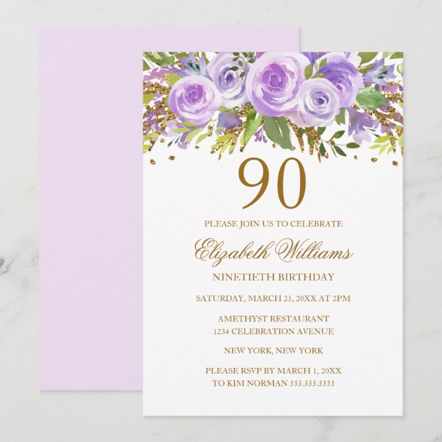 Lila Guld Blommig Ros 90-årsdag Inbjudningar (Fram/baksida)