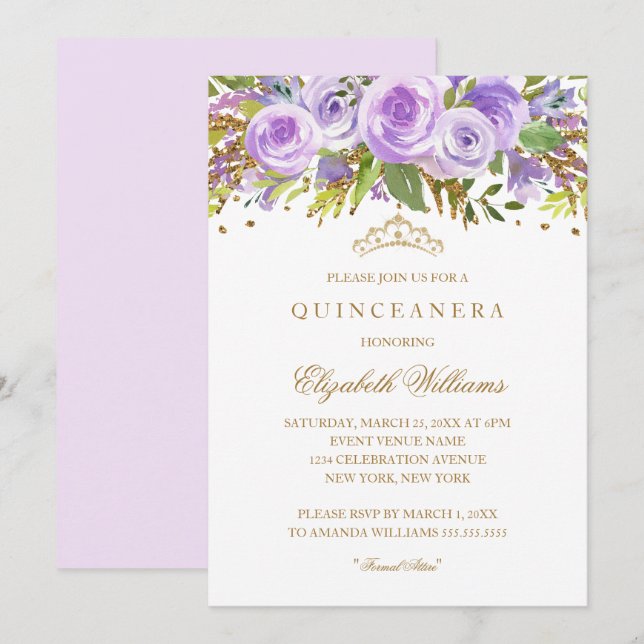 Lila Guld Blommig Ros Quinceanera Inbjudan (Fram/baksida)