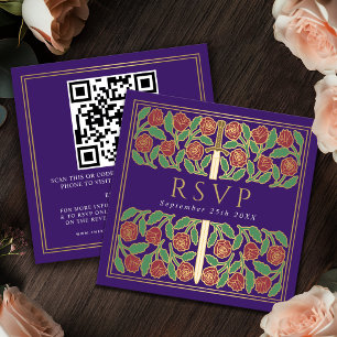 Lila Guld Blommig Royal Bröllop RSVP QR-kod  Tilläggskort
