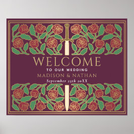 Lila Guld Blommig Svärd Kunglig Bröllops Välkomsts Poster