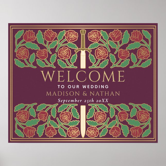 Lila Guld Blommig Svärd Kunglig Bröllops Välkomsts Poster (Framsidan)