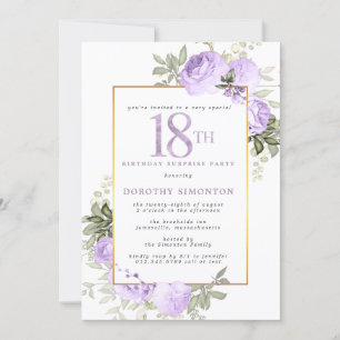 Lila Guld Blommigt 18:e födelsedag Surprise Party Inbjudningar