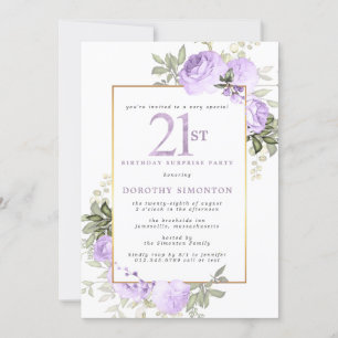 Lila Guld Blommigt 21:a födelsedag Surprise Party Inbjudningar