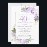 Lila Guld Blommigt 40:e födelsedag Surprise Party Inbjudningar<br><div class="desc">Äkta en speciell kvinna med denna elegant och en 40: e födelsedagars överraskningsinbjudan. 40:e är skrivet i stor lila. Födelsedag Surprise Party följer. Den hedervärde gästen namn ligger också i lila Capital brev. Återstoden av texten är mjukt grått. Närmare uppgifter om 40-årsdagen för firande omges av en chic guld ram...</div>