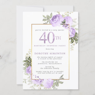 Lila Guld Blommigt 40:e födelsedag Surprise Party Inbjudningar