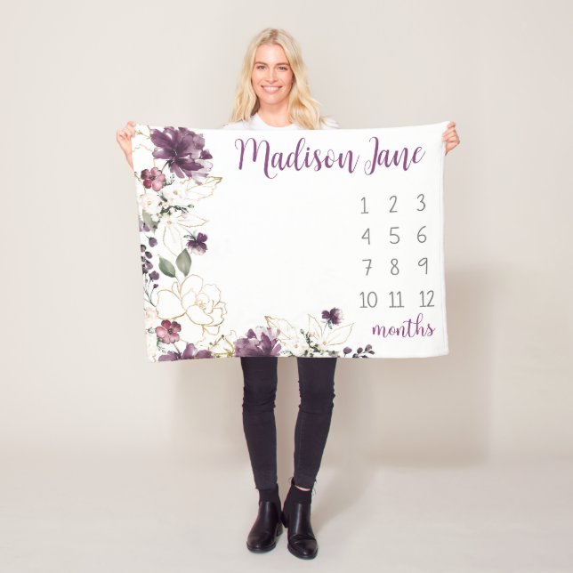 Lila Guld Blommigt Baby Milestone Blanket Girl Fleecefilt (På plats)