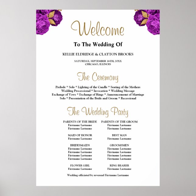 Lila/Guld Blommigt Bröllop Ceremony-programsignatu Poster (Framsidan)