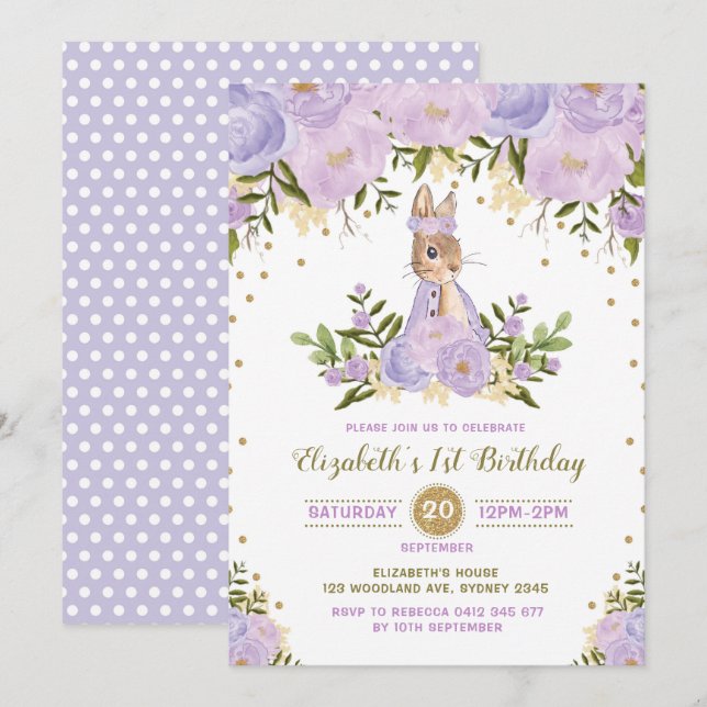 Lila Guld Blommigt Bunny Birthday Inbjudan Woodlan (Fram/baksida)