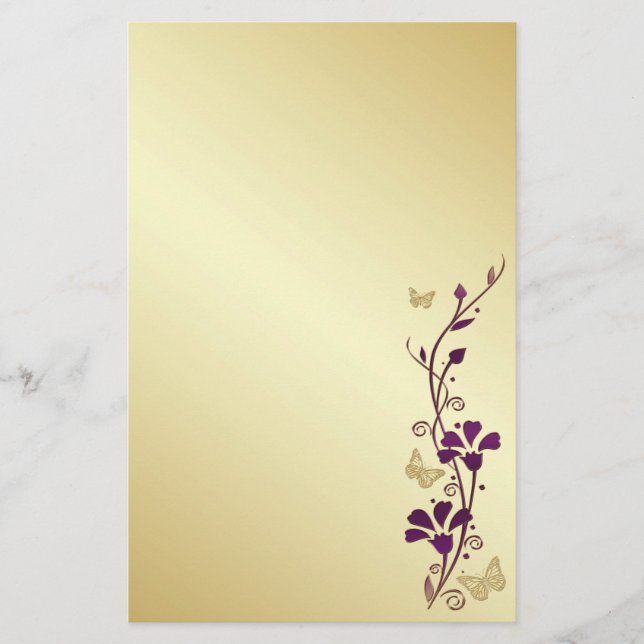 Lila, Guld Blommigt Butterflies Bröllop Stationery Brevpapper (Framsida)