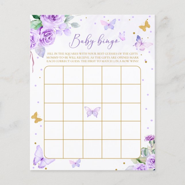 Lila Guld Blommigt Butterfly Baby Bingo Game (Framsida)