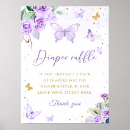 Lila Guld Blommigt Butterfly Diaper Raffle Sign Poster